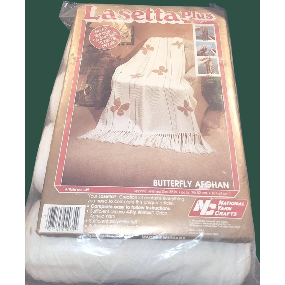 Vintage Lasetta Plus Butterfly Afghan 38" X 66" National Yarn Crafts Acrylic Yar